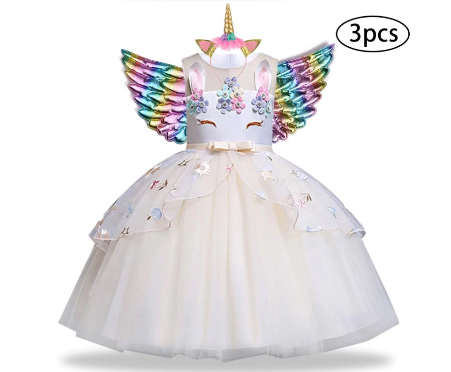 Girl's Unicorn Dress with Headband and Wings 3 Pcs Set